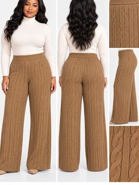 STYLEWE Cable-Knit Wide Leg Pants in Camel Brown